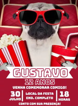 Convite de Aniversário Tema Cinema com Pet para Editar Online