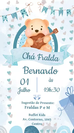 Convite Chá de Fralda Ursinho Fofo para Editar Online