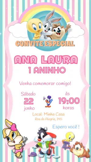 Convite Aniversário Baby Looney Tunes Rosa para Editar Online