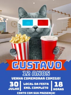 Convite Aniversário Gato Noite de Filme para Editar Online