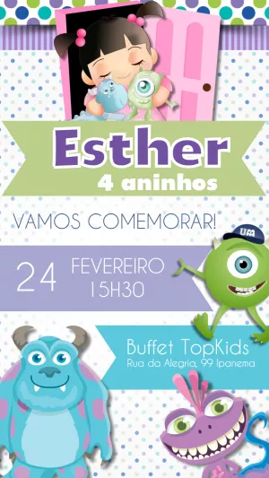 Convite Aniversário Monstros S.A. com Boo para Editar Online