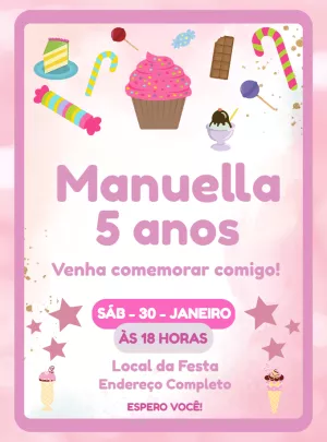 Convite de Aniversário Cupcake e Doces para Editar Online
