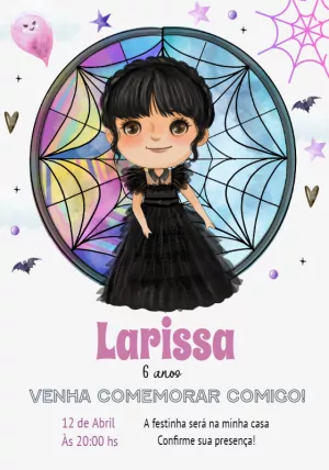 Convite Aniversário Wandinha Addams Fofa para Editar Online