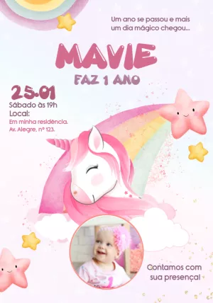 Convite de Aniversário Unicórnio com Foto para Editar Online