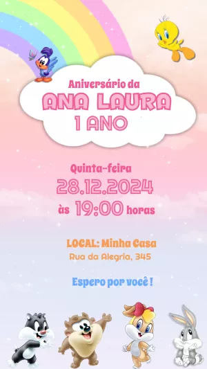Convite de Aniversário Baby Looney Tunes para Editar Online