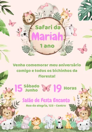 Convite de Aniversário Safari Baby Menina Editável Online