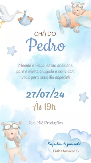 Convite Chá de Bebê Ursinho Aviador para Editar Online