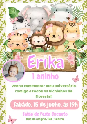 Convite Aniversário Safari Menina com Foto para Editar