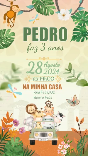 Convite Aniversário Safari com Animais para Editar Online