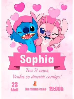 Convite de Aniversário Stitch e Angel para Editar Online