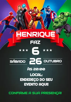 Convite de Aniversário Super Heróis Vingadores para Editar Online