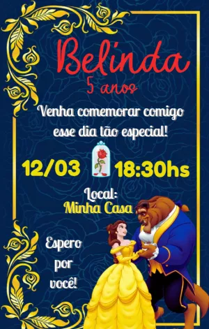 Convite Aniversário A Bela e a Fera com Personagens para Editar