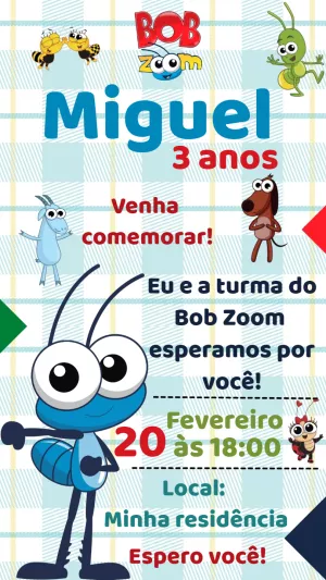 Convite Aniversário Bob Zoom com Personagens para Editar Online