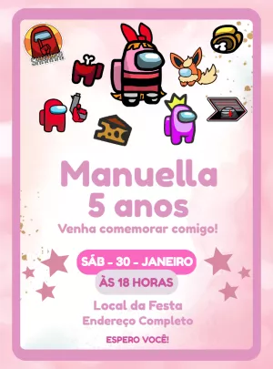 Convite de Aniversário Among Us Rosa para Editar Online
