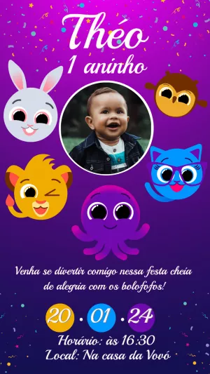 Convite Aniversário Bolofofos com Foto para Editar Online