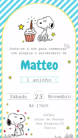 Convite de Aniversário Snoopy para Editar e Imprimir