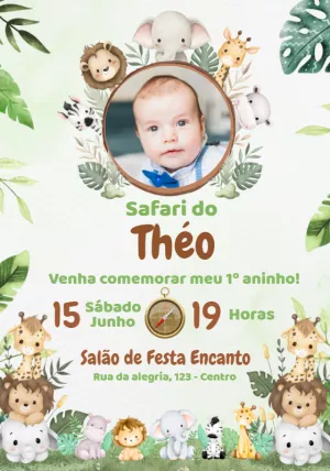 Convite Aniversário Safari Baby com Foto para Editar Online