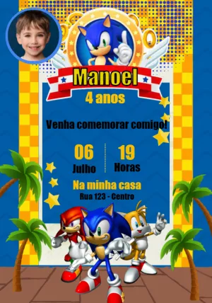 Convite de Aniversário Sonic e Amigos com Foto para Editar