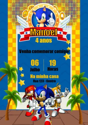 Convite de Aniversário Sonic com Personagens para Editar Online