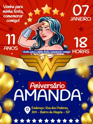 Convite de Aniversário Mulher Maravilha com Saudação para Editar