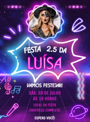 Convite de Aniversário Neon com Foto para Editar Online
