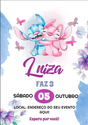 Convite de Aniversário Stitch e Angel para Editar Online