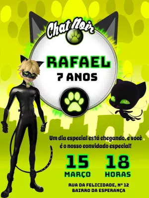 Convite de Aniversário Cat Noir Miraculous para Editar