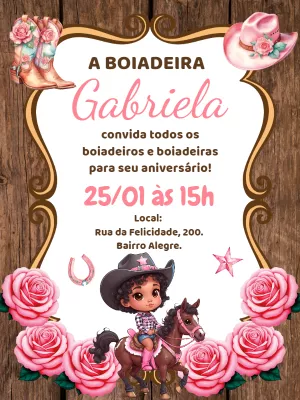 Convite Aniversário Boiadeira Rosa com Cavalo para Editar
