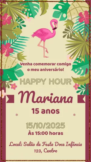 Convite Aniversário Tropical com Flamingo para Editar Online
