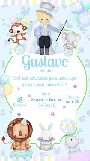 Convite Aniversário Circo com Mágico e Animais para Editar