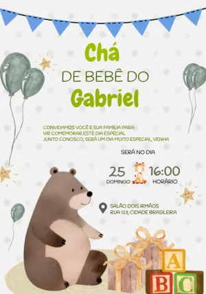 Convite Chá de Bebê Ursinho Fofo para Editar Online