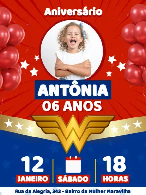 Convite Aniversário Mulher Maravilha com Foto para Editar Online