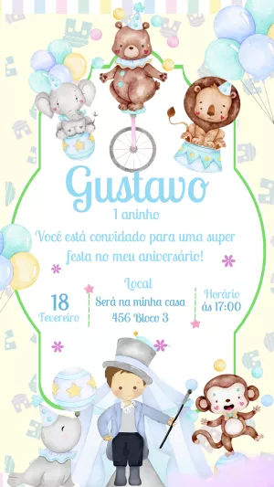 Convite Aniversário Circo com Animais Fofinhos para Editar