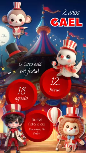 Convite de Aniversário Circo com Animais Fofos para Editar