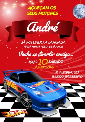 Convite de Aniversário Hot Wheels com Carros para Editar Online