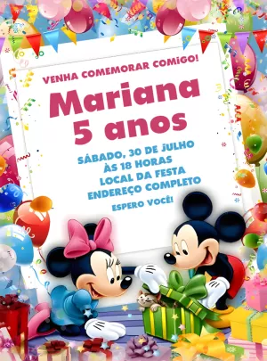 Convite de Aniversário Mickey e Minnie para Editar Online