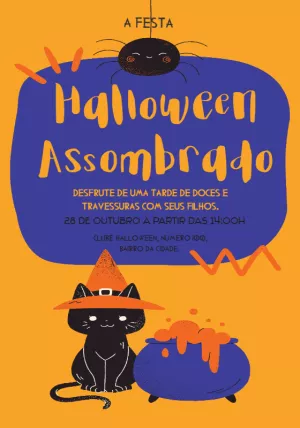 Convite de Halloween Infantil com Gato Preto para Editar