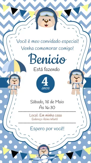Convite de Aniversário Ursinho Aviador para Editar Online