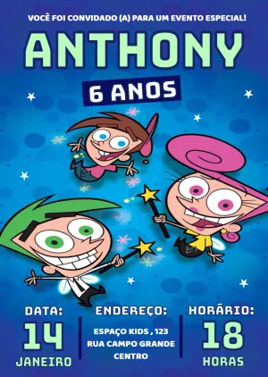 Convite Aniversário Padrinhos Mágicos para Editar Online