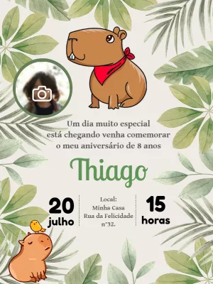 Convite Aniversário Capivara com Foto para Editar Online