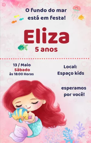 Convite Aniversário Tema Sereia Fundo do Mar Editável Online
