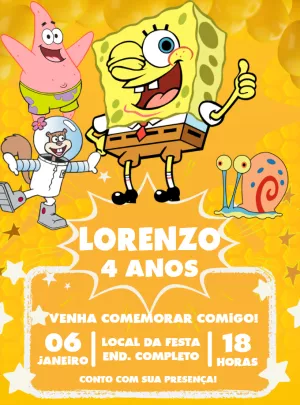 Convite Aniversário Bob Esponja com Amigos para Editar Online