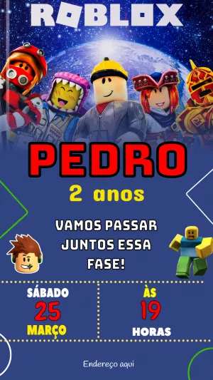 Convite de Aniversário Roblox com Personagens para Editar Online