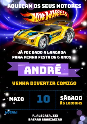Convite Aniversário Hot Wheels com Carros para Editar Online