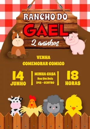 Convite Aniversário Fazendinha com Animais para Editar Online