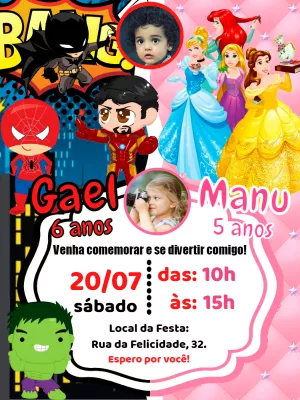 Convite Aniversário Duplo Heróis e Princesas com Foto para Editar