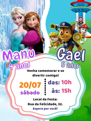 Convite Duplo Frozen e Patrulha Canina para Editar Online
