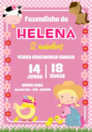 Convite Aniversário Fazendinha Rosa com Animais para Editar Online