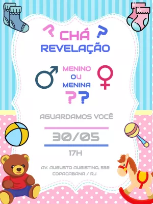 Convite Chá Revelação Rosa e Azul com Brinquedos para Editar