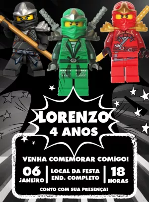 Convite de Aniversário Ninjago com Personagens para Editar